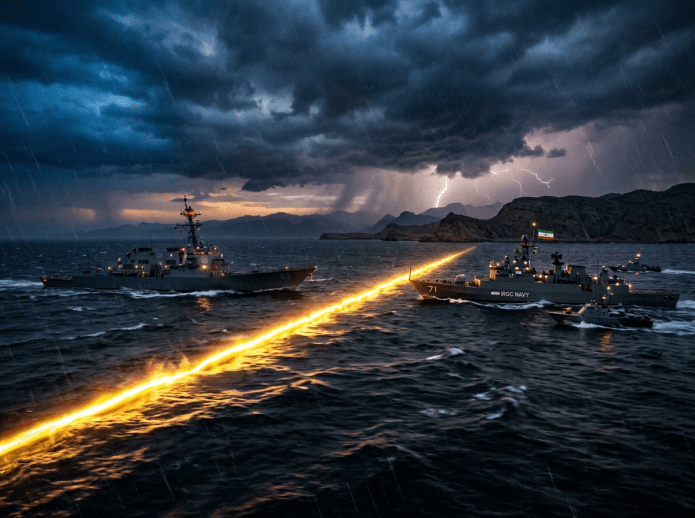Two warships facing each other with a bright beam between them under dark stormy clouds and lightning